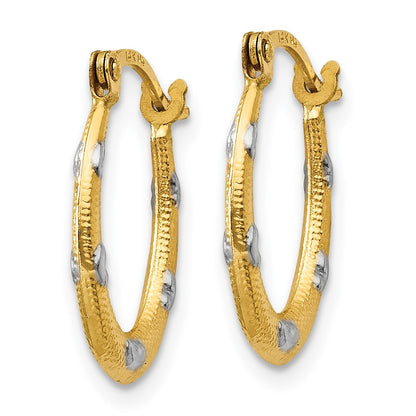 14K Yellow & Rhodium Textured Hollow Oval W/ Hearts Hoop Earrings
