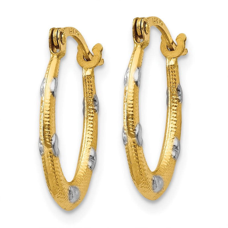 14K Yellow & Rhodium Textured Hollow Oval W/ Hearts Hoop Earrings