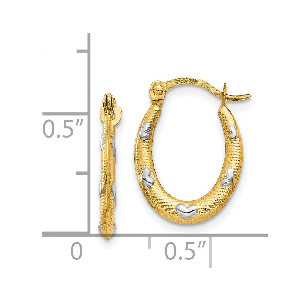 14K Yellow & Rhodium Textured Hollow Oval W/ Hearts Hoop Earrings