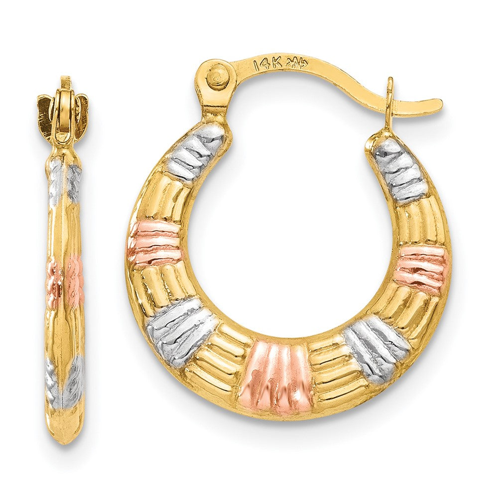 14K Yellow & Rhodium White And Rose Hollow Textured Hoop Earrings