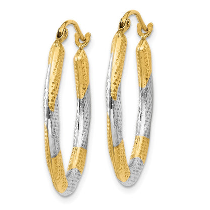 14K Yellow & Rhodium Textured Hollow Oval Hoop Earrings
