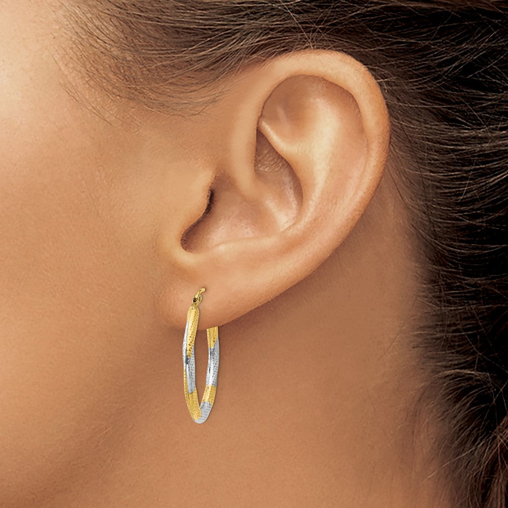 14K Yellow & Rhodium Textured Hollow Oval Hoop Earrings
