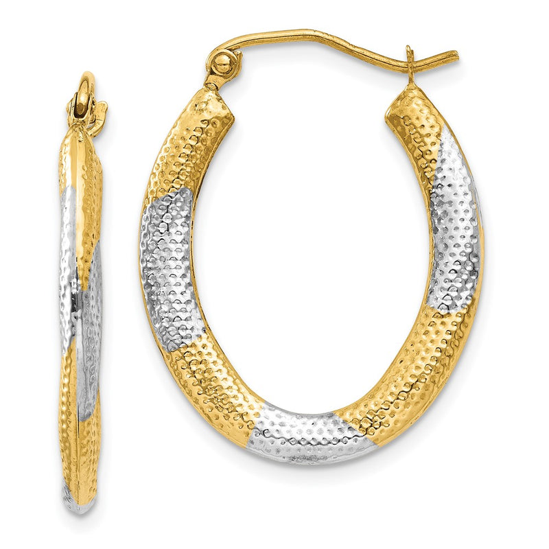 14K Yellow & Rhodium Textured Hollow Oval Hoop Earrings