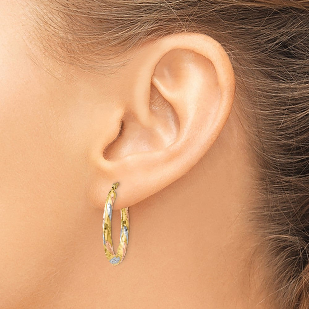 14K Yellow & Rhodium White Rose Oval Hollow Scallop Hoop Earrings