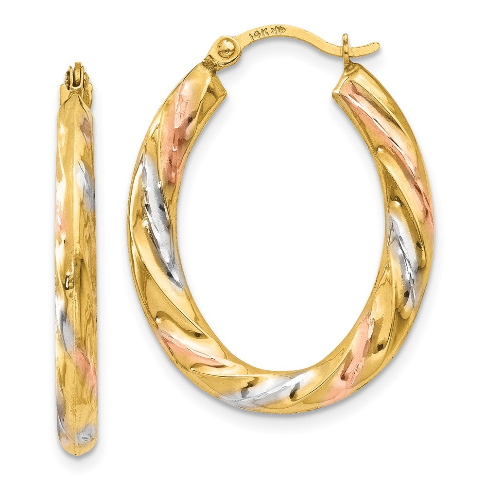14K Yellow & Rhodium White Rose Oval Hollow Scallop Hoop Earrings
