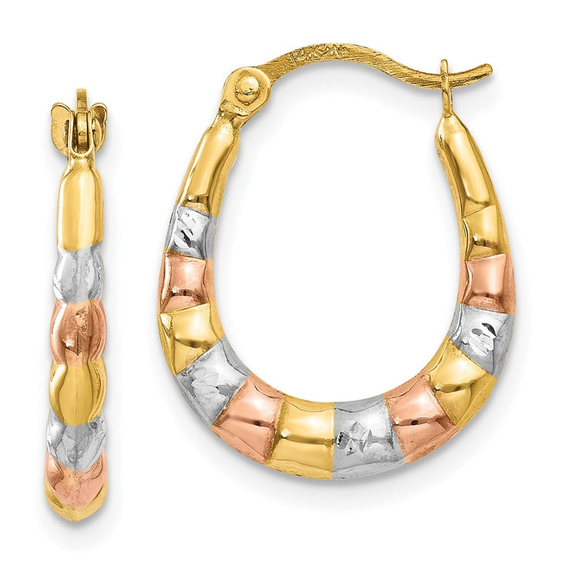 14K Yellow & Rhodium White And Rose Hollow Scalloped Hoop Earrings