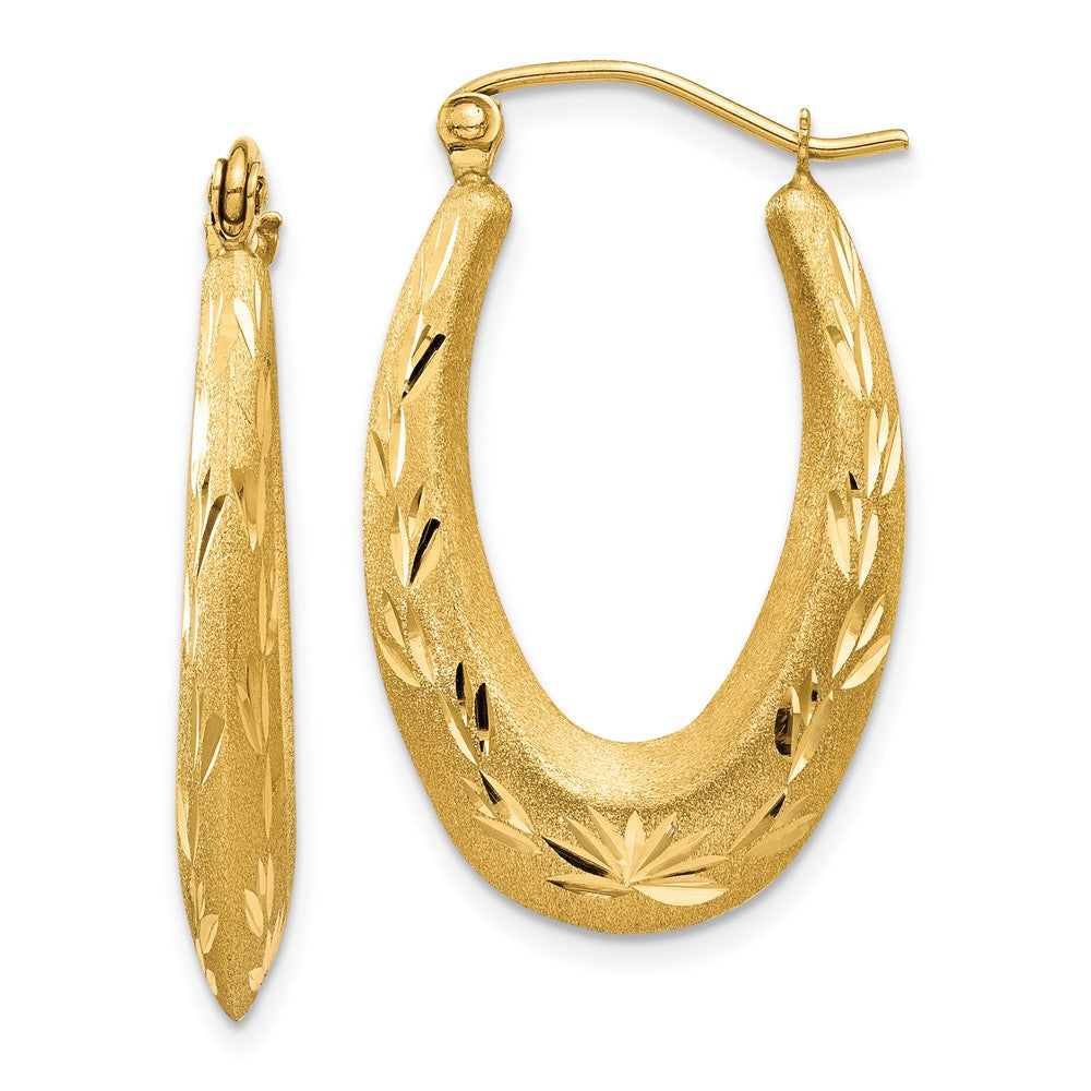 14K Yellow Gold Satin Diamond Cut Hollow Hoop Earrings