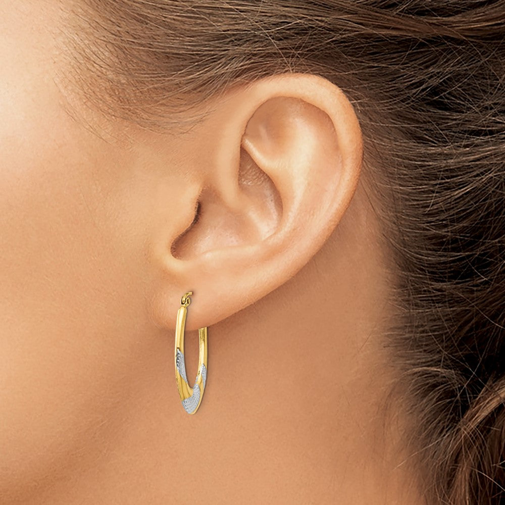 14K Yellow & Rhodium Hollow Oval Hoop Earrings