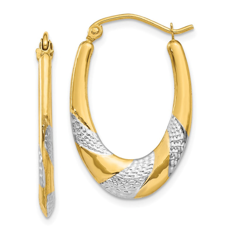 14K Yellow & Rhodium Hollow Oval Hoop Earrings