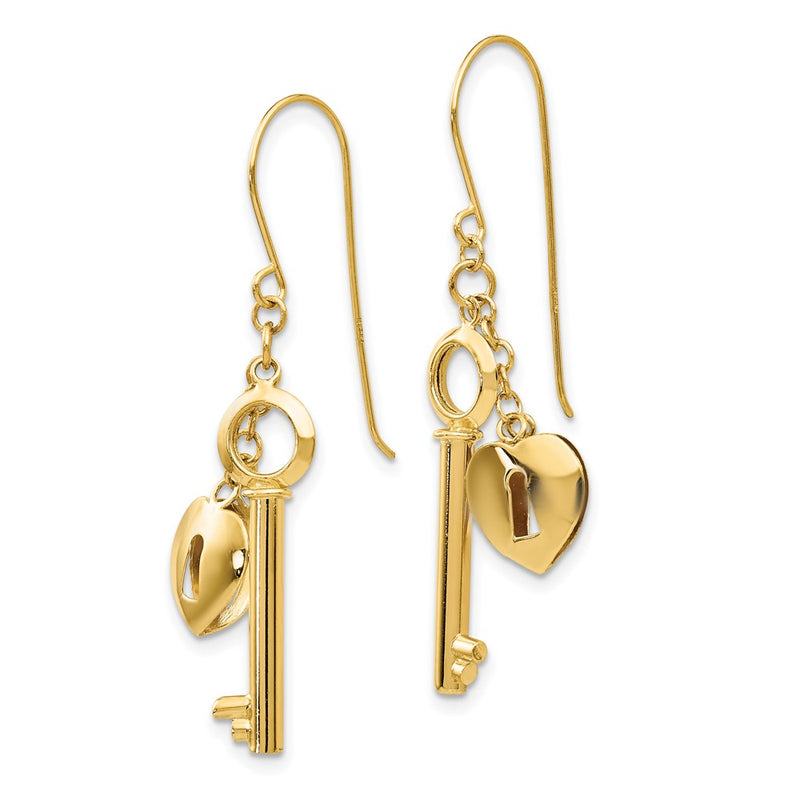 14K Yellow Gold Puff Heart Lock And Key Earrings
