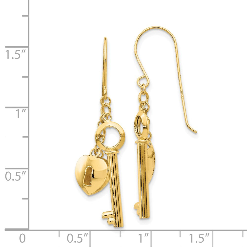 14K Yellow Gold Puff Heart Lock And Key Earrings