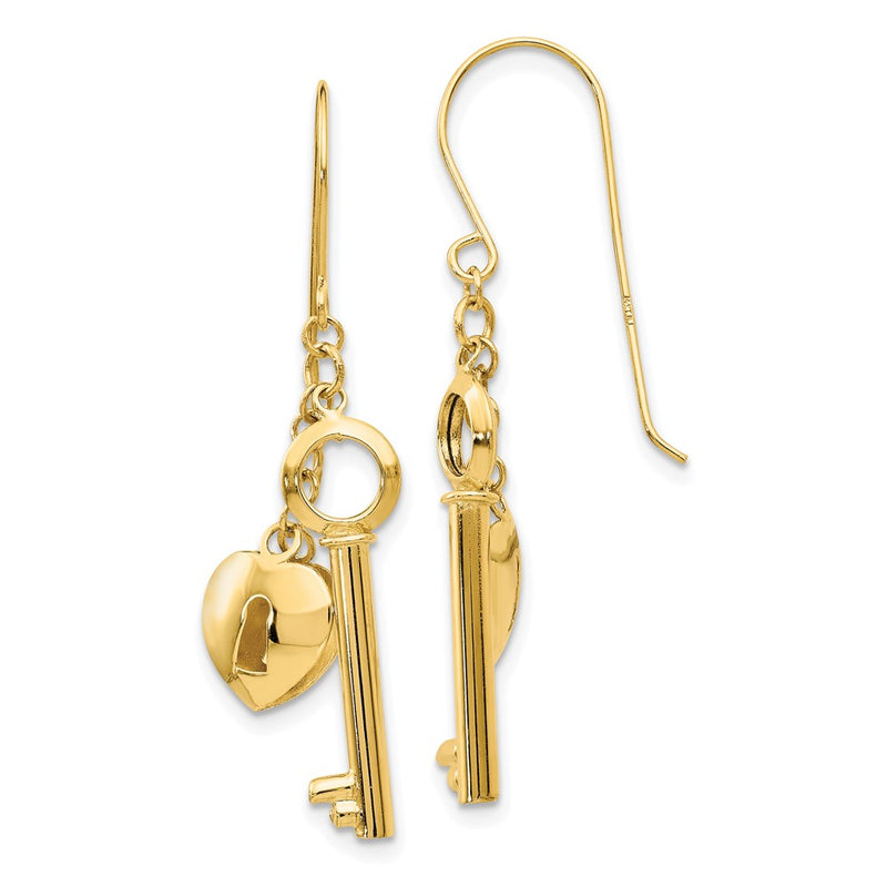 14K Yellow Gold Puff Heart Lock And Key Earrings