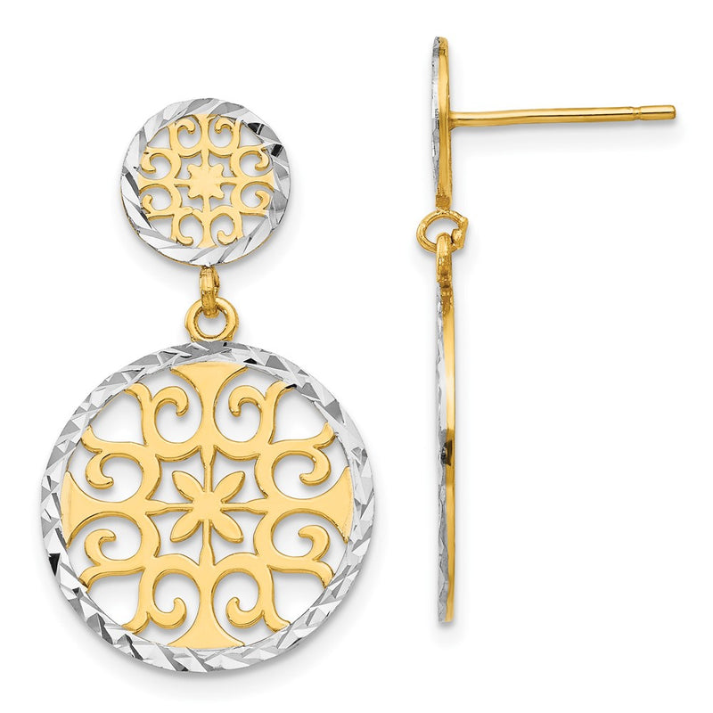 14K Yellow & Rhodium D/C Circles Dangle Post Earrings