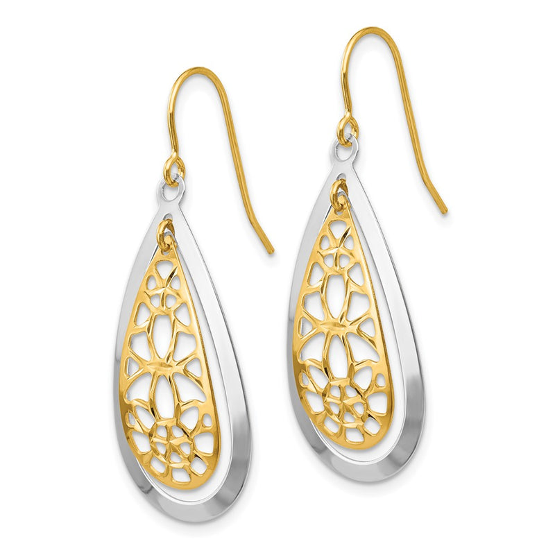 14K Two-Tone Diamond Cut Polished Fancy Dangle Earrings