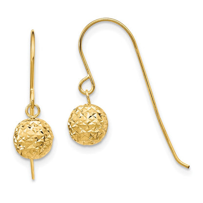 14K Yellow Gold 6mm Diamond Cut Bead Dangle Earrings