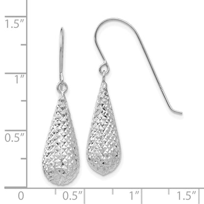 14K White Gold Diamond Cut Puff Tear Drop Dangle Earrings