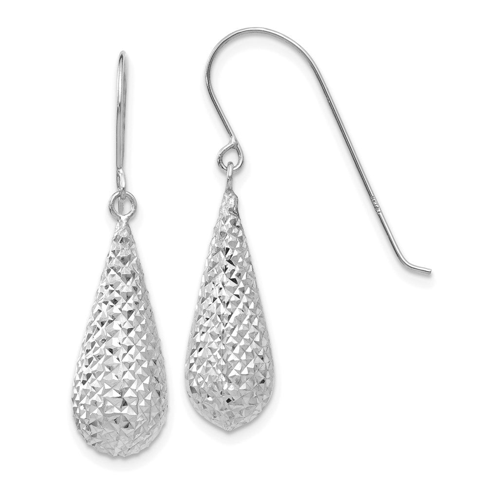 14K White Gold Diamond Cut Puff Tear Drop Dangle Earrings