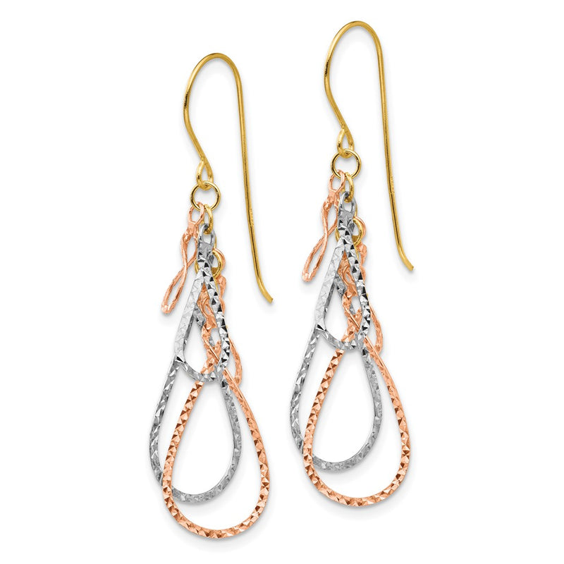 14K Tri-Color Diamond Cut Tear Drop Dangle Earrings