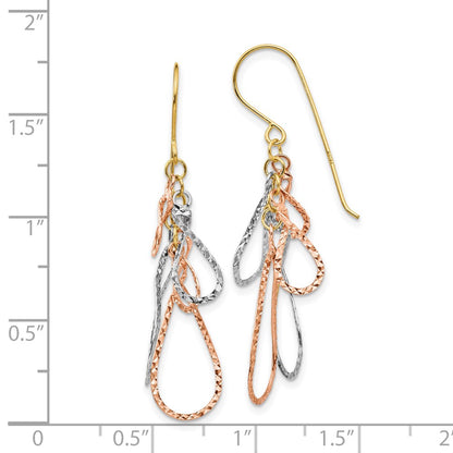 14K Tri-Color Diamond Cut Tear Drop Dangle Earrings