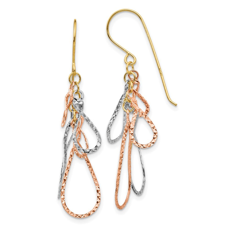 14K Tri-Color Diamond Cut Tear Drop Dangle Earrings