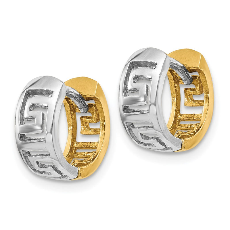 14K Two-Tone Greek Key Hinged Hoop Earrings