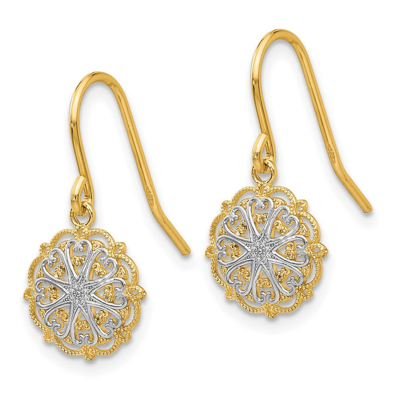 14K Yellow & Rhodium Polished And Textured Dangle Earrings