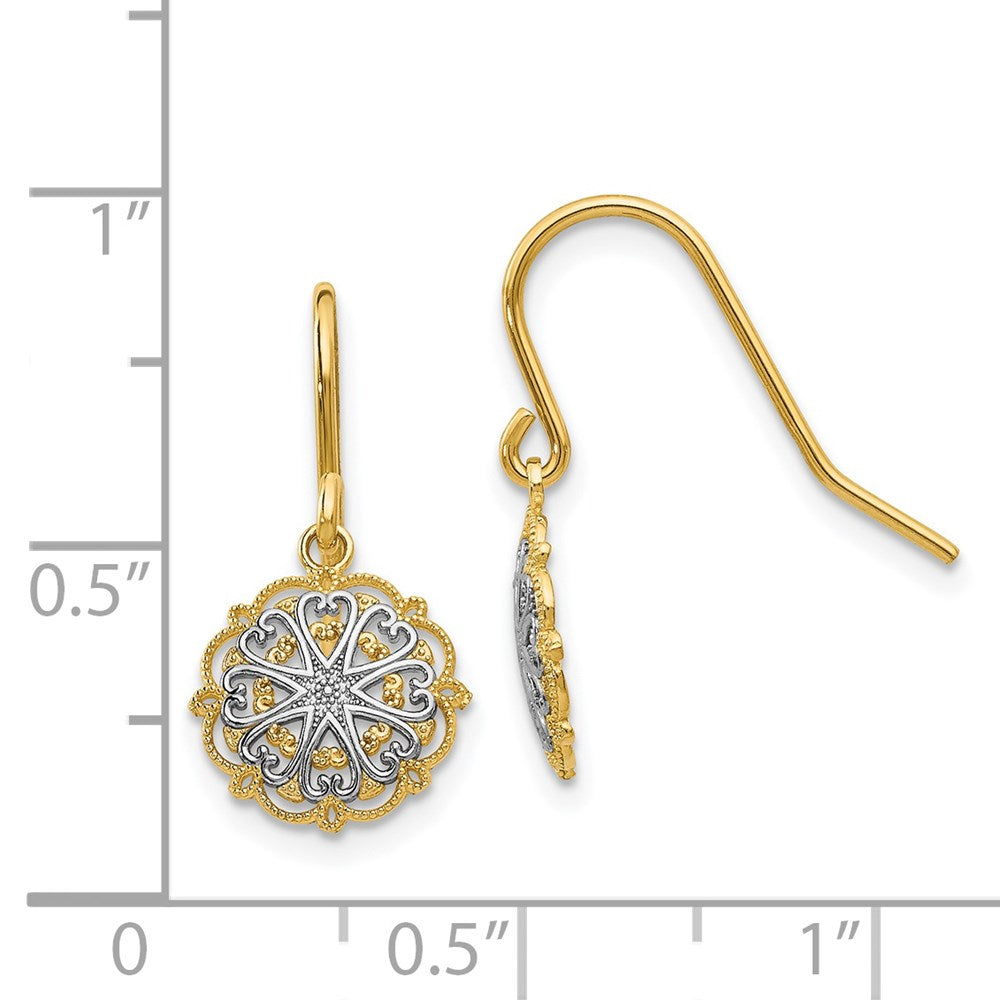 14K Yellow & Rhodium Polished And Textured Dangle Earrings
