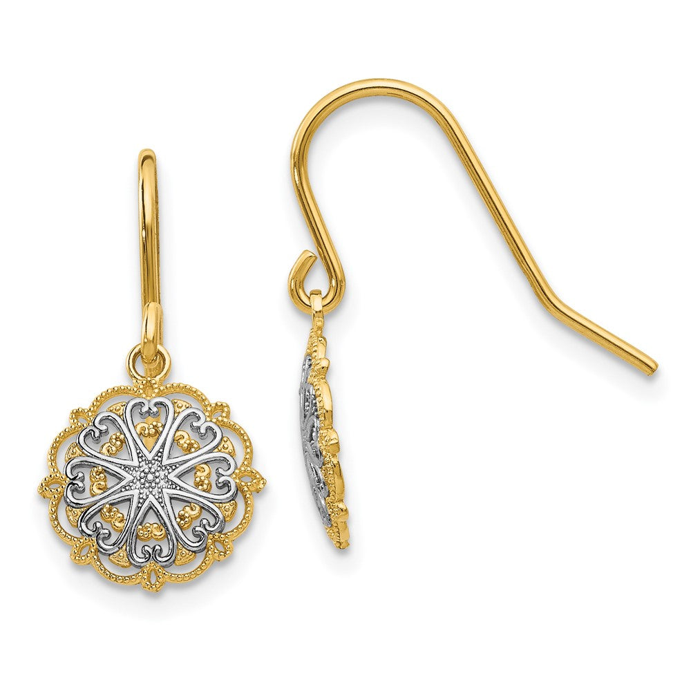 14K Yellow & Rhodium Polished And Textured Dangle Earrings