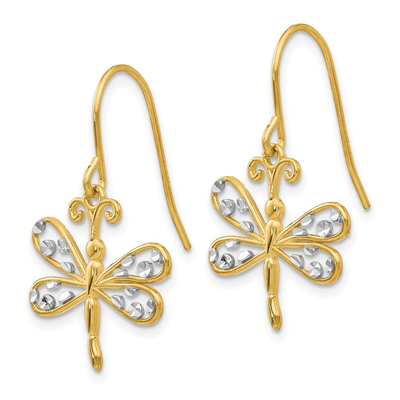 14K Yellow & Rhodium Diamond-Cut Dragonfly Shepherd Hook Earrings