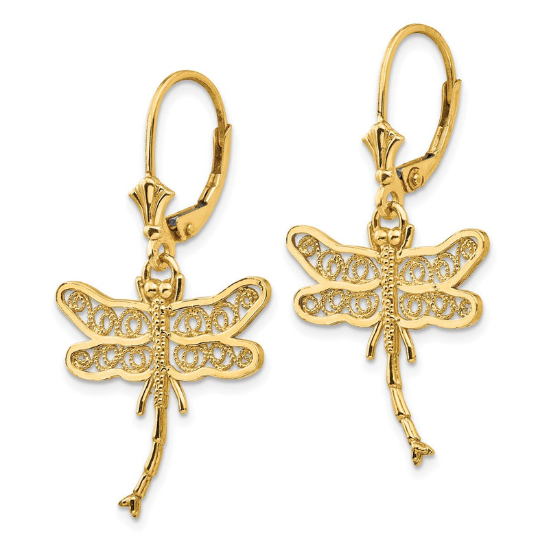 14K Yellow Gold Dragonfly W/Filigree Wings Leverback Earrings