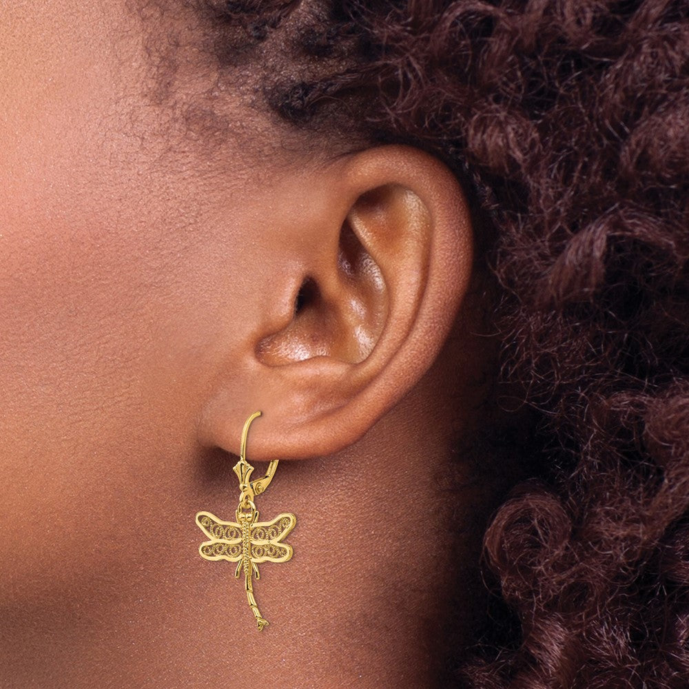 14K Yellow Gold Dragonfly W/Filigree Wings Leverback Earrings