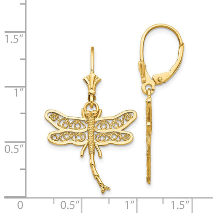 14K Yellow Gold Dragonfly W/Filigree Wings Leverback Earrings
