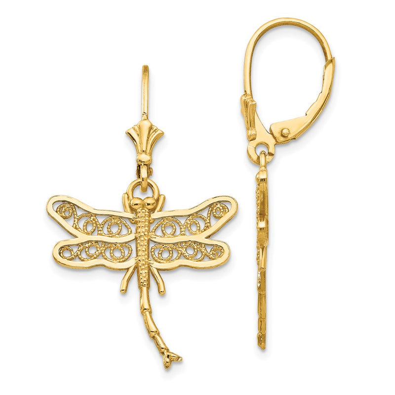 14K Yellow Gold Dragonfly W/Filigree Wings Leverback Earrings