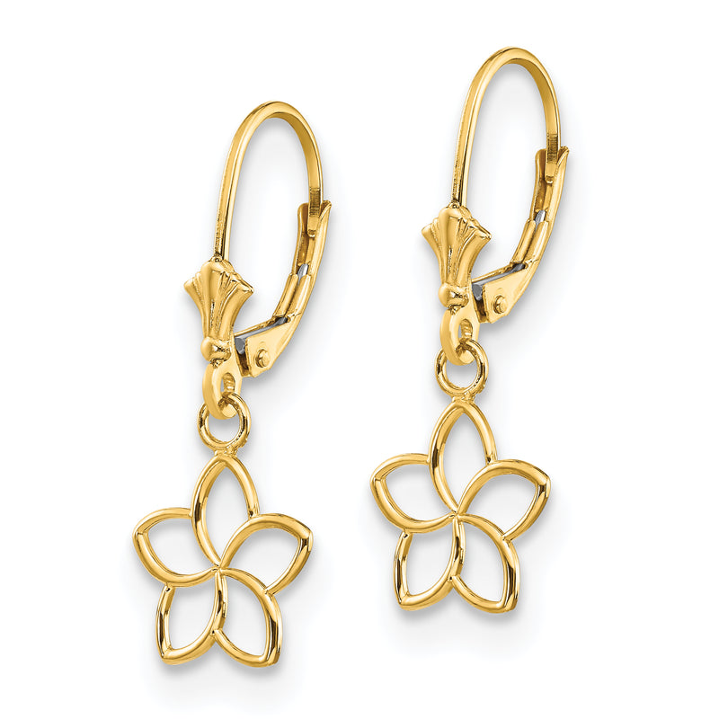 14K Yellow Gold Polished Cut Out Flower Lever Back Earrings