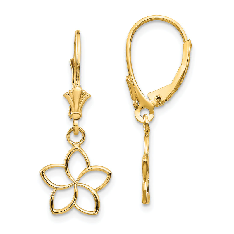 14K Yellow Gold Polished Cut Out Flower Lever Back Earrings