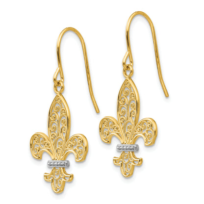 14K Yellow & Rhodium Fleur De Lis Shepherd Hook Earrings