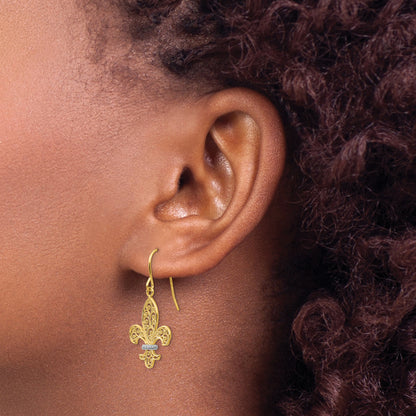 14K Yellow & Rhodium Fleur De Lis Shepherd Hook Earrings