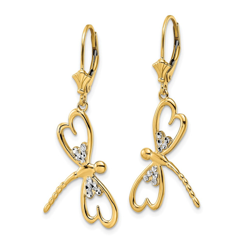 14K Yellow & Rhodium White D/C Dragonfly Leverback Earrings
