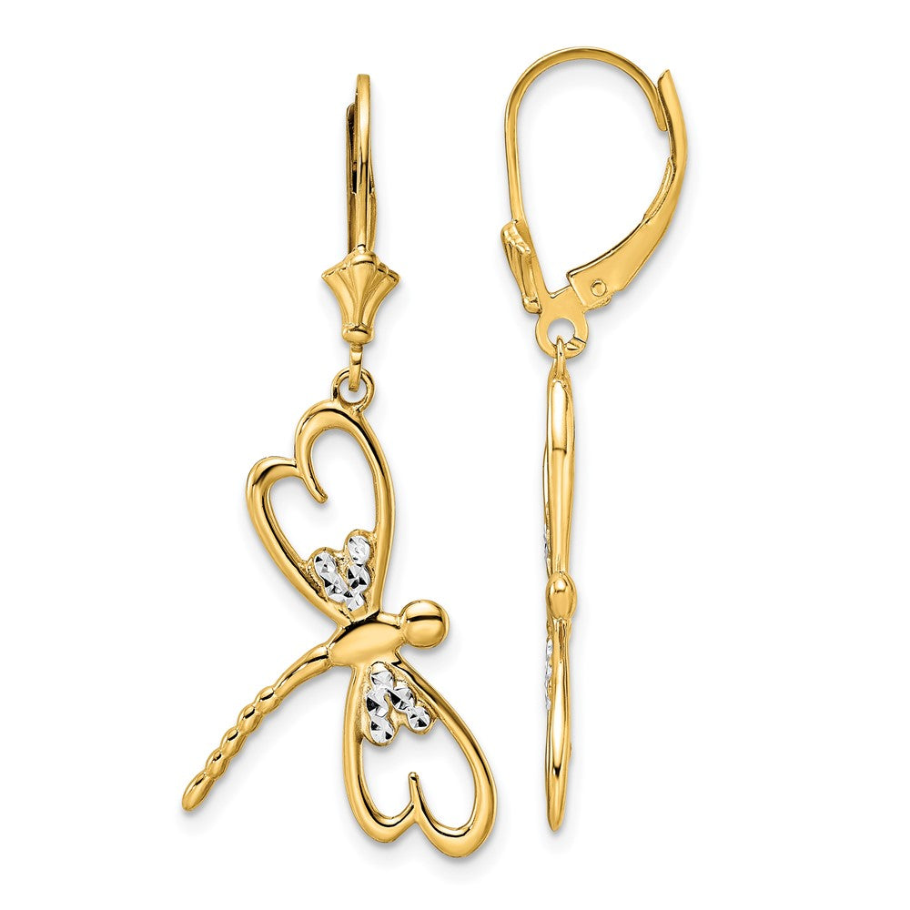 14K Yellow & Rhodium White D/C Dragonfly Leverback Earrings