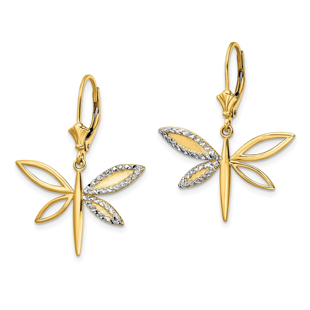 14K Yellow & Rhodium White D/C Dragonfly Leverback Earrings