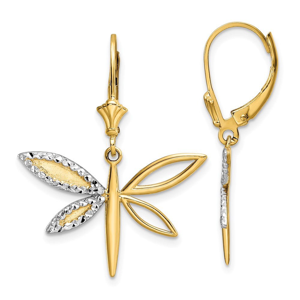 14K Yellow & Rhodium White D/C Dragonfly Leverback Earrings