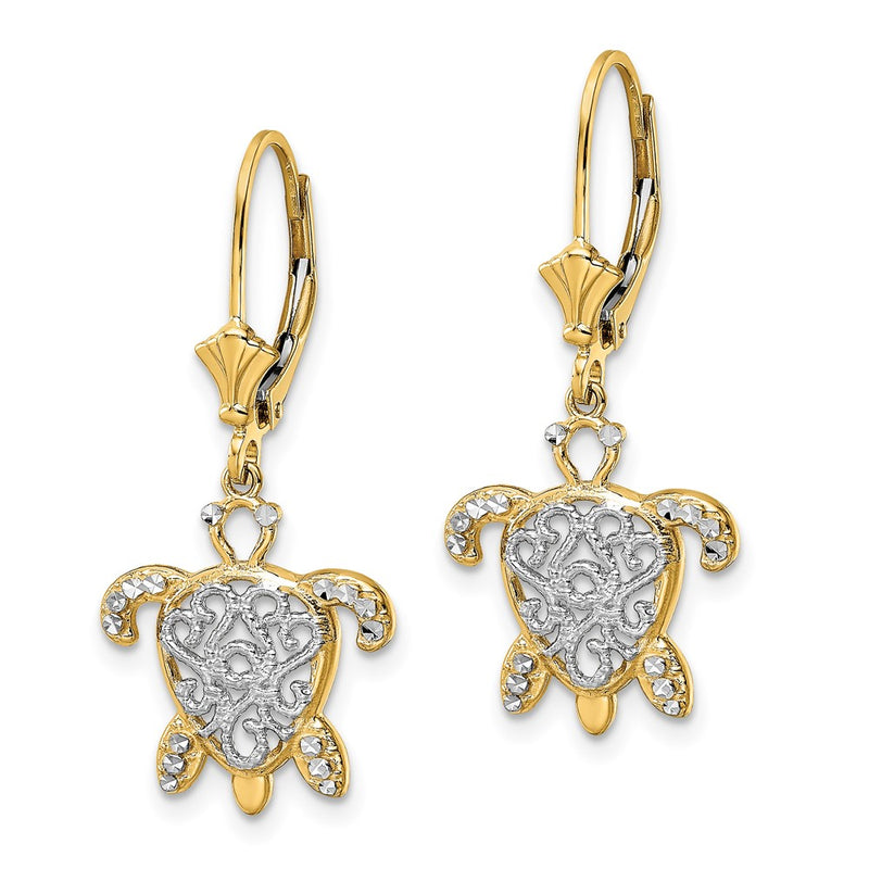 14K Yellow & Rhodium White D/C Filigree Turtle Leverback Earrings