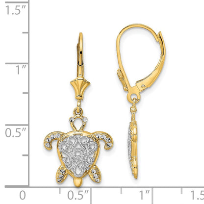 14K Yellow & Rhodium White D/C Filigree Turtle Leverback Earrings