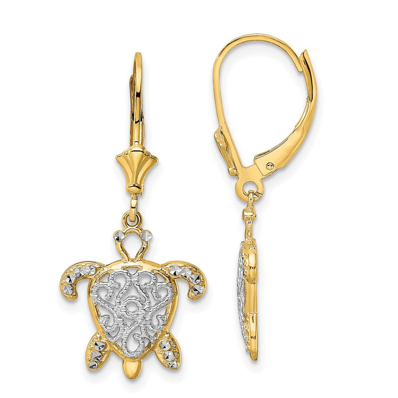 14K Yellow & Rhodium White D/C Filigree Turtle Leverback Earrings