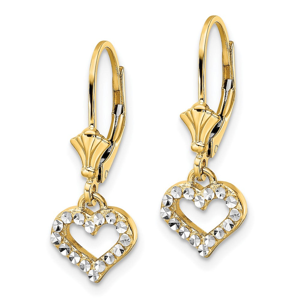 14K Yellow & Rhodium White D/C Heart Leverback Earrings