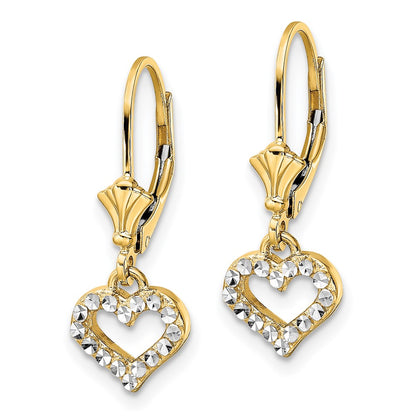 14K Yellow & Rhodium White D/C Heart Leverback Earrings