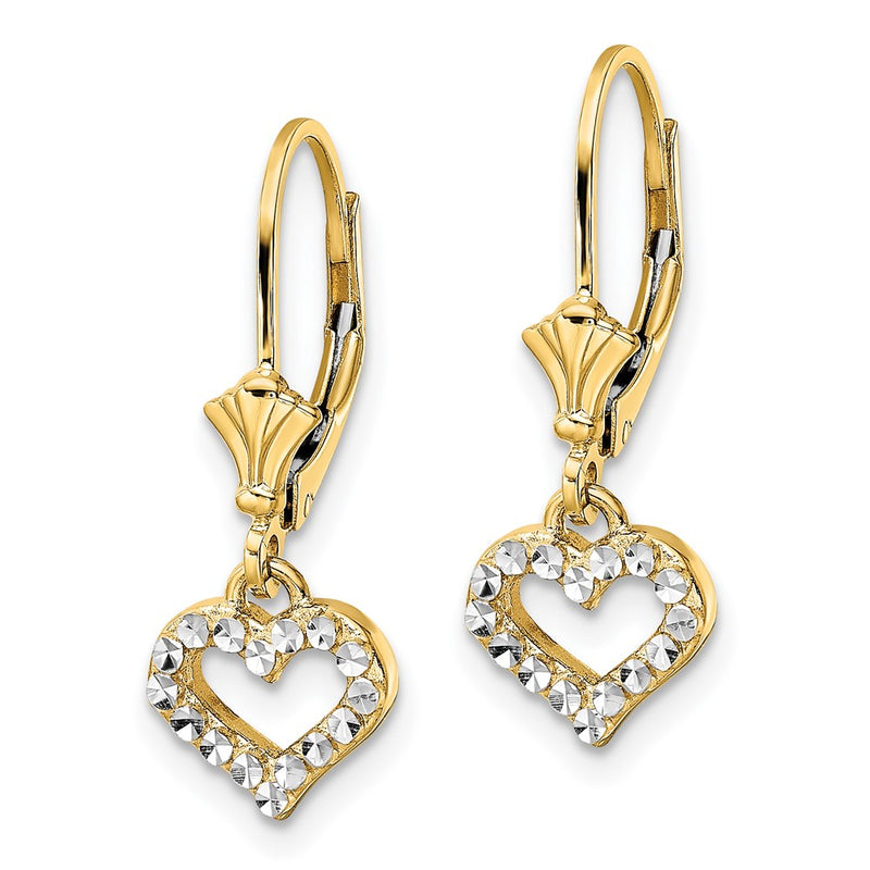 14K Yellow & Rhodium White D/C Heart Leverback Earrings