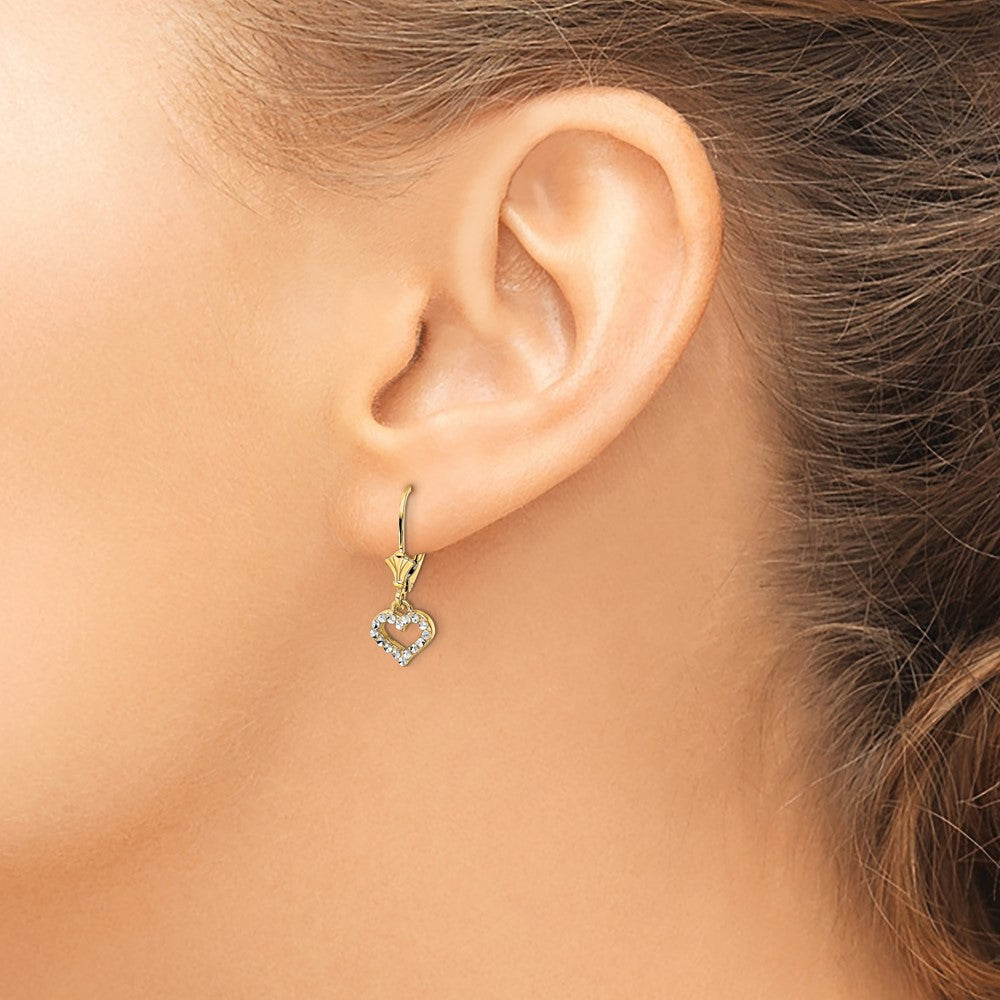 14K Yellow & Rhodium White D/C Heart Leverback Earrings