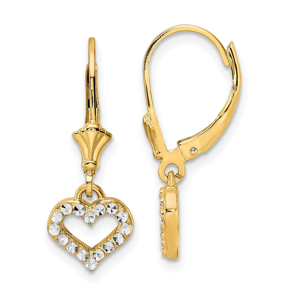 14K Yellow & Rhodium White D/C Heart Leverback Earrings