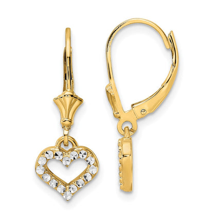 14K Yellow & Rhodium White D/C Heart Leverback Earrings